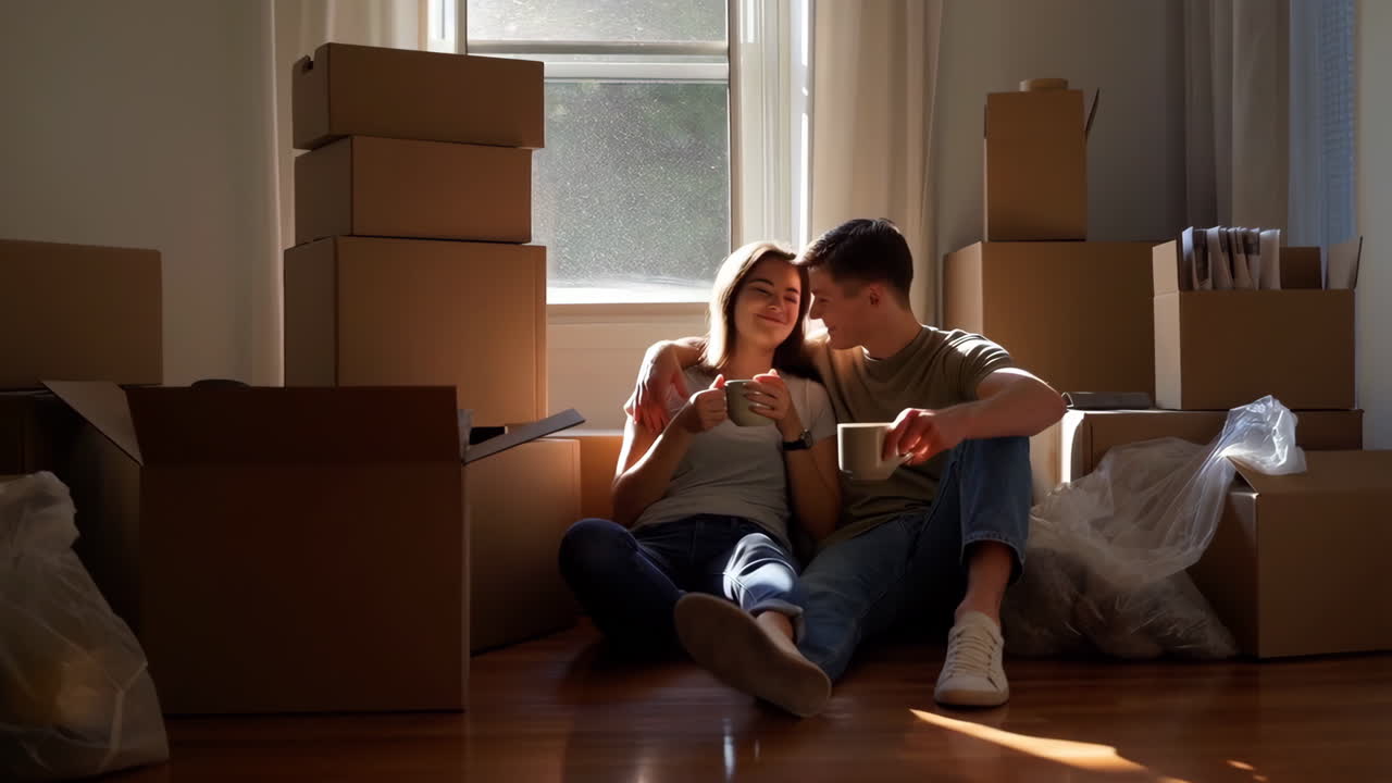 Couple Relaxing on the Floor of Their New Home Surrounded by Moving Boxes