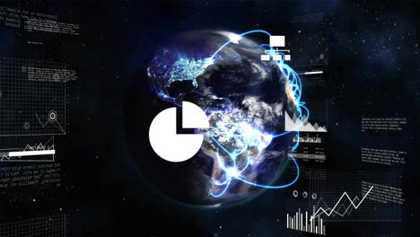 animación de iconos de medios y gráficos de procesamiento de datos en todo el mundo con red azul brillante en negro