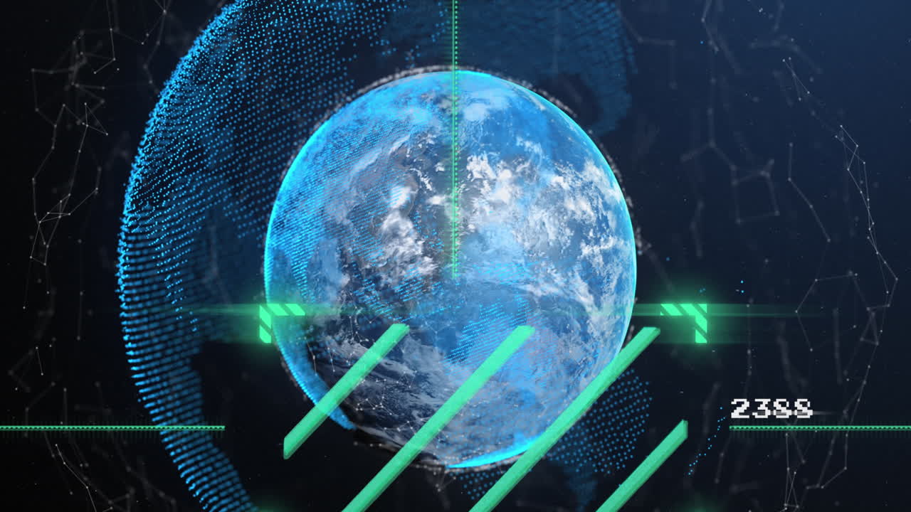 녹색 스캐너 스캐닝의 애니메이션 연결 네트워크와 파란색 배경에 대한 지구