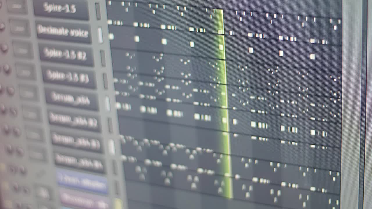 Screen monitor of many track during playback of digital DAW with playback head is moving