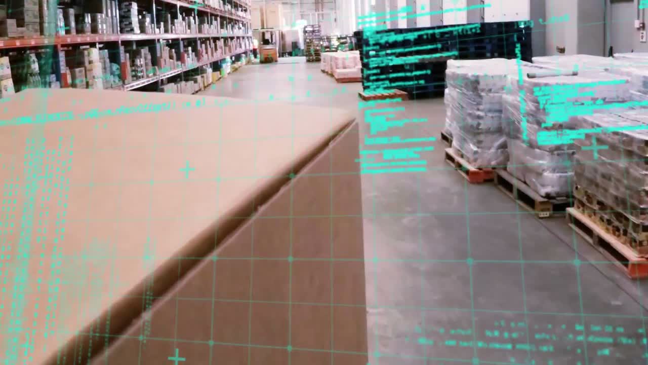 animación del procesamiento de datos en un almacén vacío