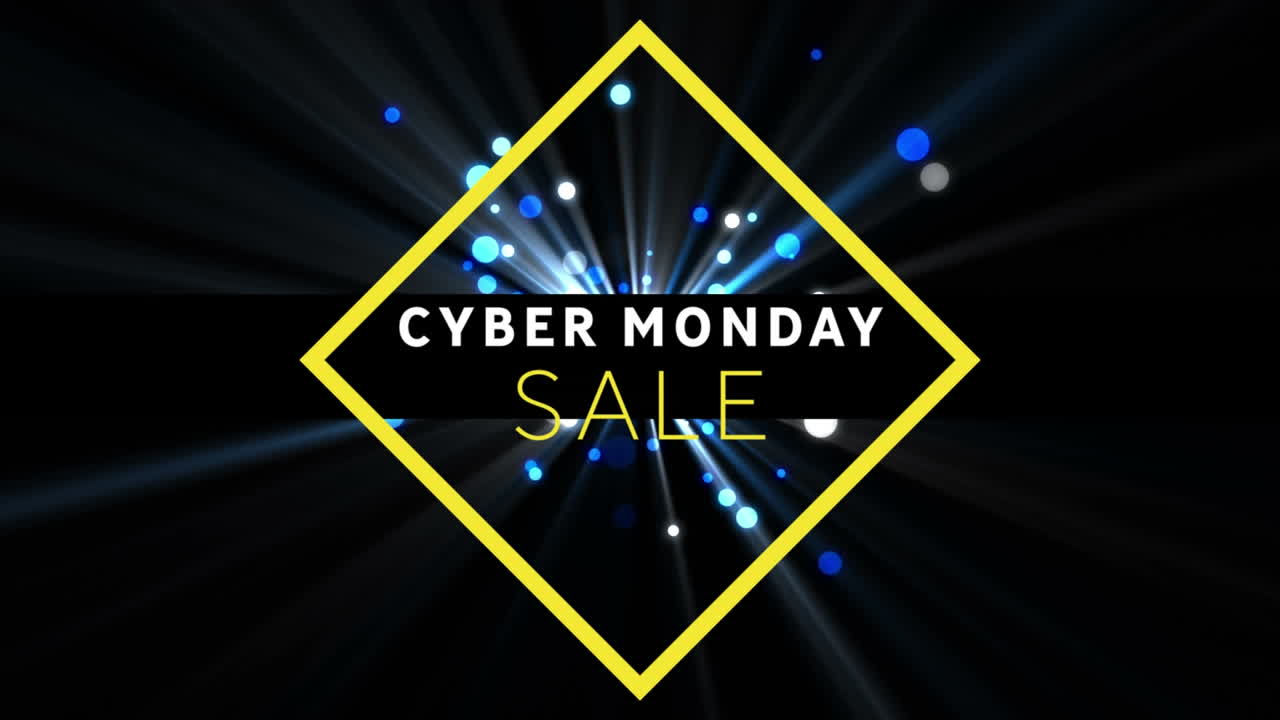 사이버 월요일 텍스트 배너의 디지털 애니메이션은 검은색 배경에 파란색 빛 반점이 있습니다.