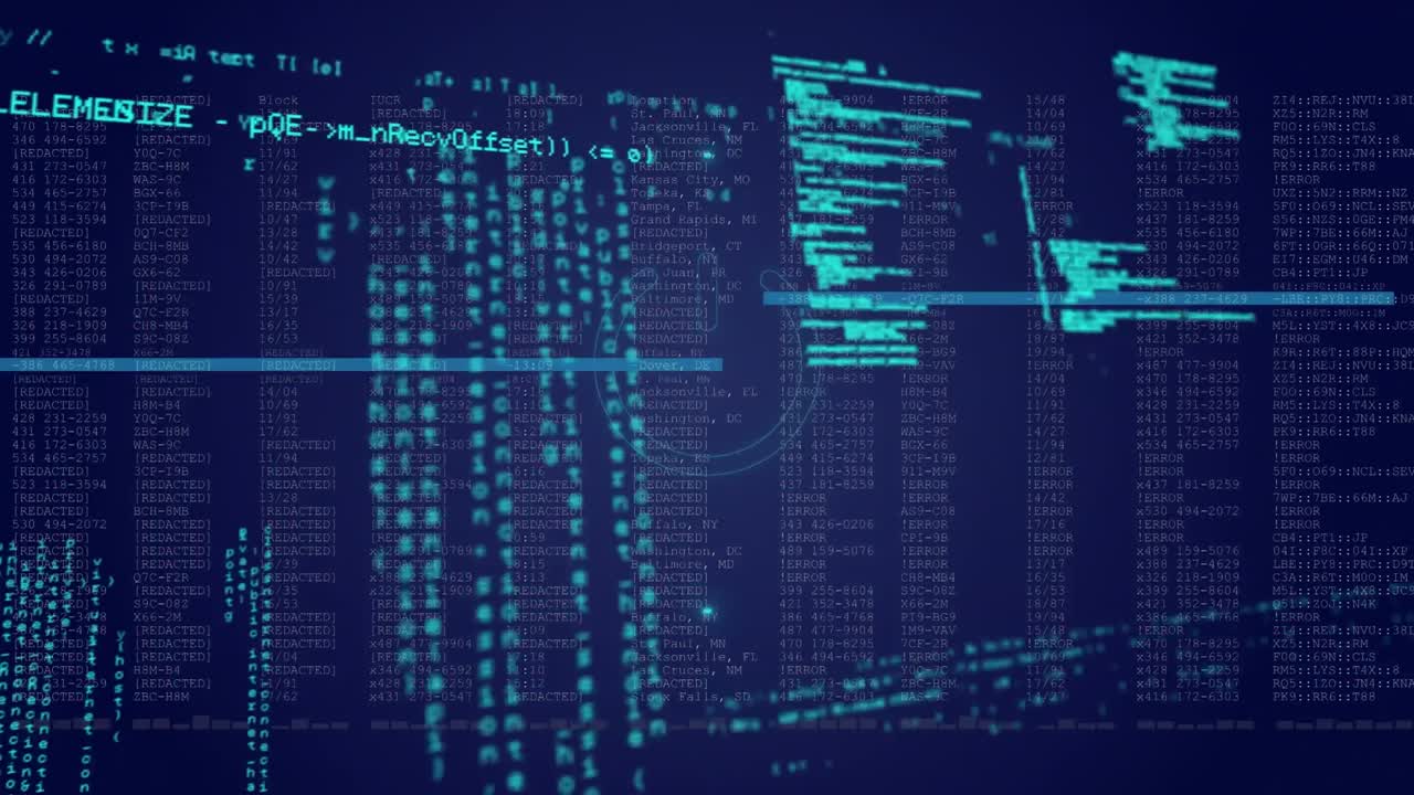 Animation of illuminated power button over computer language on abstract interface in background
