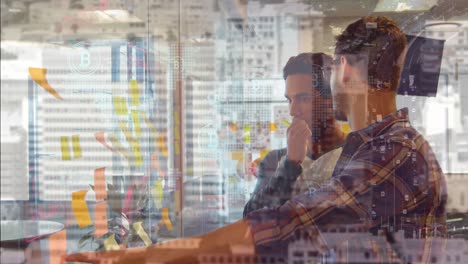 animation of financial data processing over diverse business people working at office