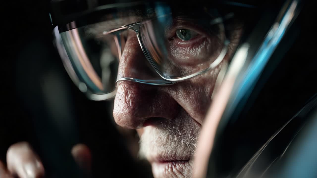 Intense Close-Up of an Elderly Individual in Protective Gear, Exhibiting Determination and Focus, Capturing the Emotions of Experience and Wisdom in a Dimly Lit Environment Full of Tension and Anticipation
