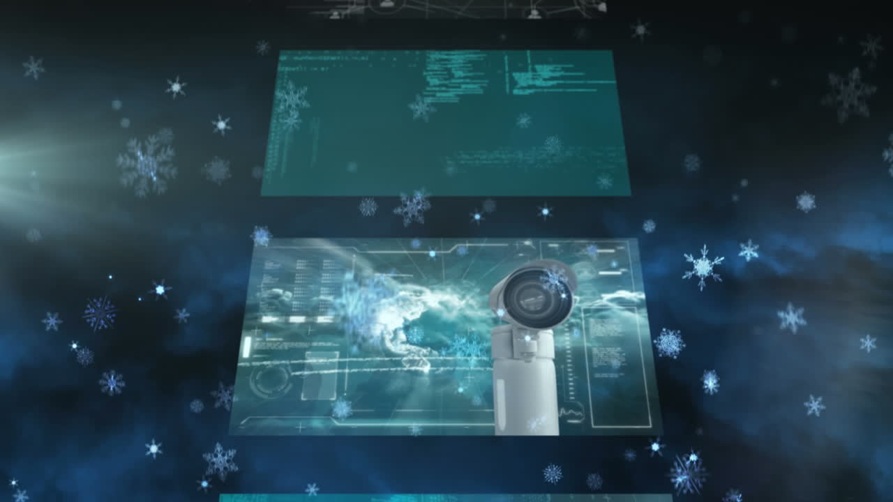 animación de copos de nieve que caen sobre pantallas de interfaz en cascada con procesamiento de datos, en negro