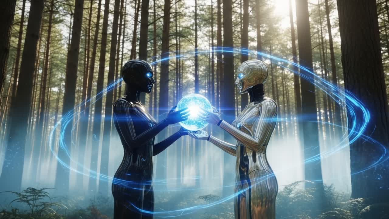 Two futuristic humanoid robots engage in a captivating interaction, holding a glowing blue orb in a mystical forest setting, surrounded by soft light and digital energy