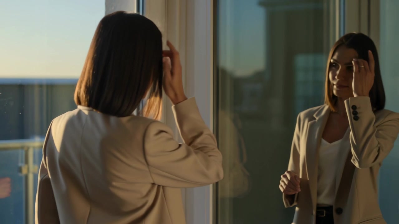 腕時計を手に、明るいブレザーを着た女性が全面ガラスのドアの前で時間を確認し、準備をしている。