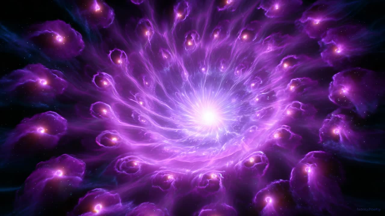 A mesmerizing visual journey through a cosmic spiral of vibrant purple energy radiating from a central light source, depicting the endless flow and transformation of photons and celestial phenomena