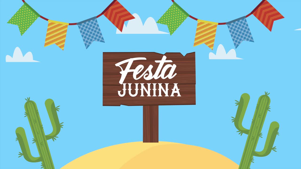 animación de letras de festa junina con guirnaldas en el desierto