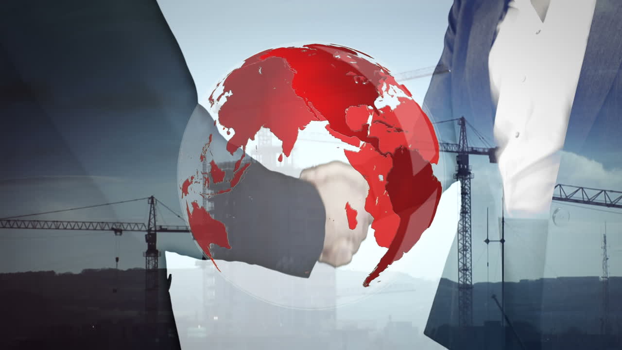 세계화와 사업가와 사업가가들이 도시 건설 크레인에 손을 흔들고 있는 애니메이션