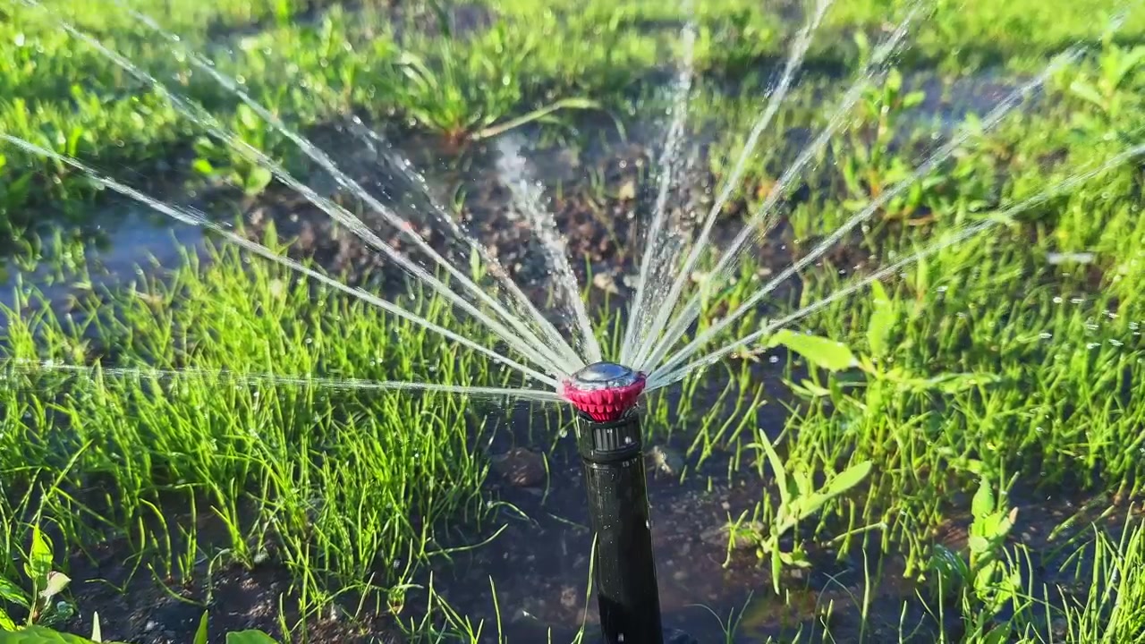 Un irrigatore innaffia l'erba verde in giardino durante una luminosa giornata di sole in estate