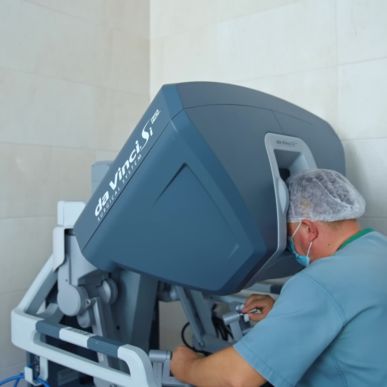 Modern equipment in operating room. The doctor controls the operation with technology