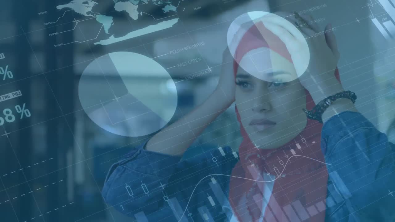 animación de estadísticas y procesamiento de datos sobre la mujer con hijab rojo