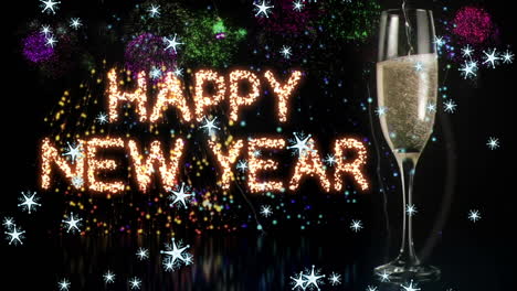 snowflakes falling over happy new year text and champagne glass against fireworks exploding