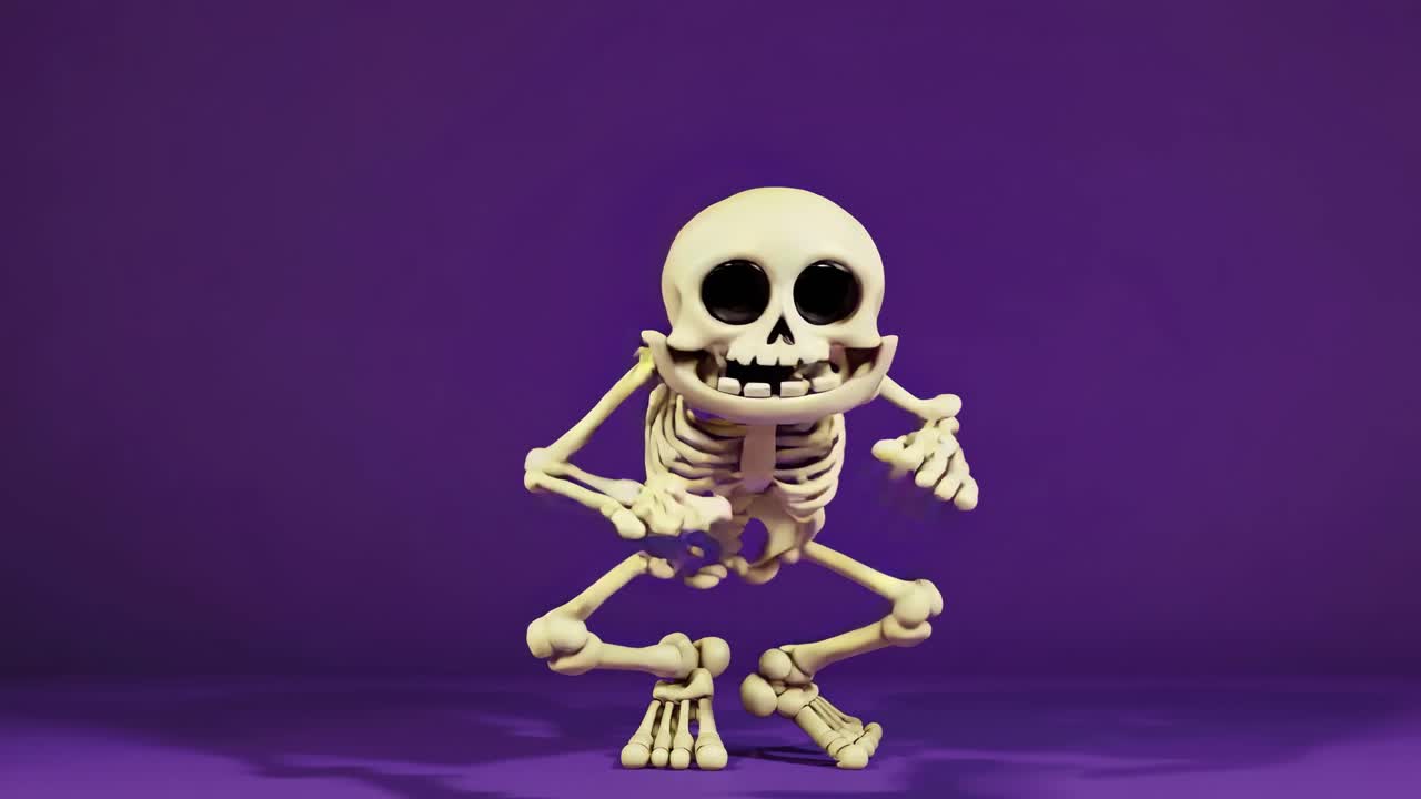 A playful 3D skeleton squats against a vibrant purple backdrop. The low-angle shot adds a dynamic
