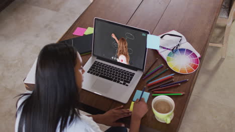 estudiante caucásica usando una computadora portátil en una videollamada con una maestra, tomando notas