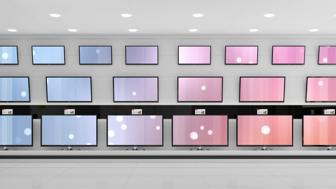 복사 공간과 함께 반 ⁇ 이는 화면과 함께 상점에 있는 텔레비전 세트의 행의 애니메이션