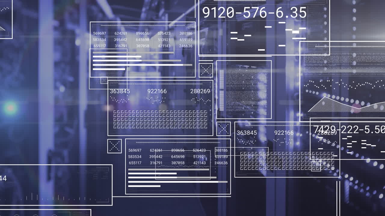 animación de gráficos, carga de círculos y barras, cambio de números en la sala de servidores iluminada