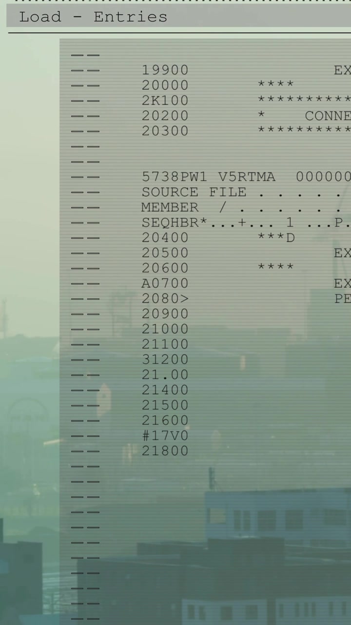 Vertical video: Upon appearing, ghosted terminal scrolling entries, displaying load log over port