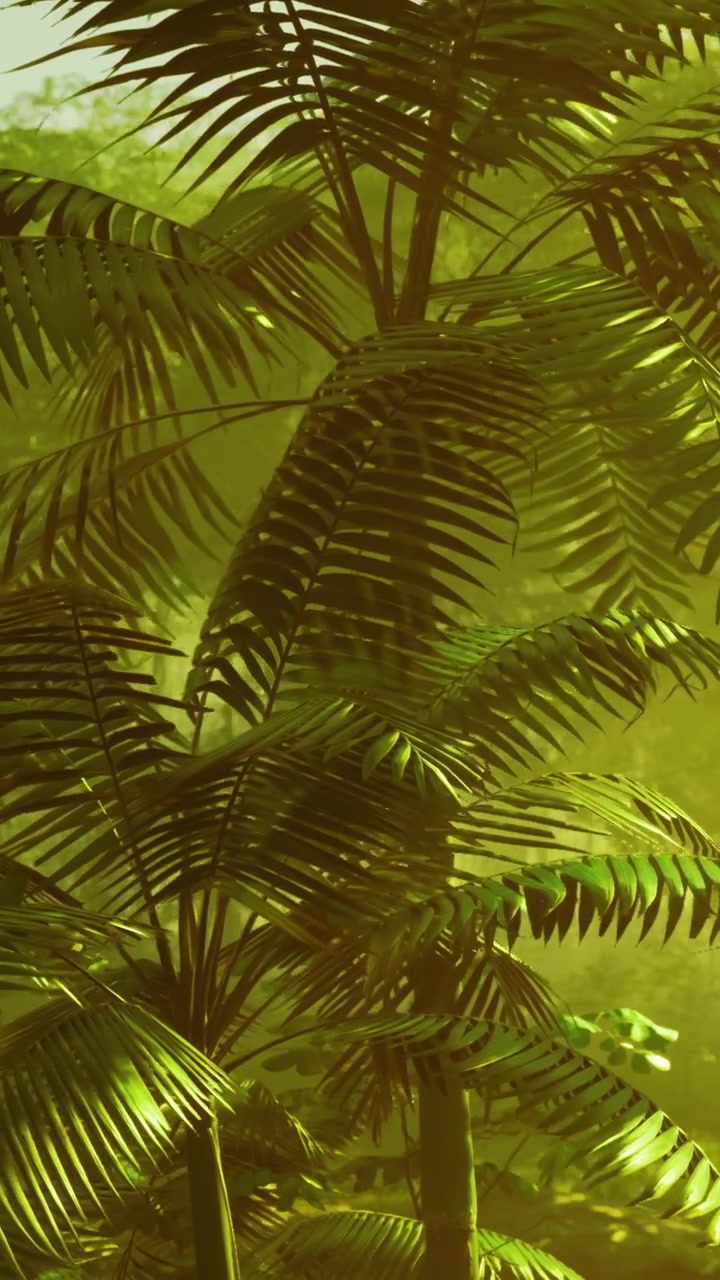 Folhagem verde em uma floresta sob a luz da manhã em um local tropical.
