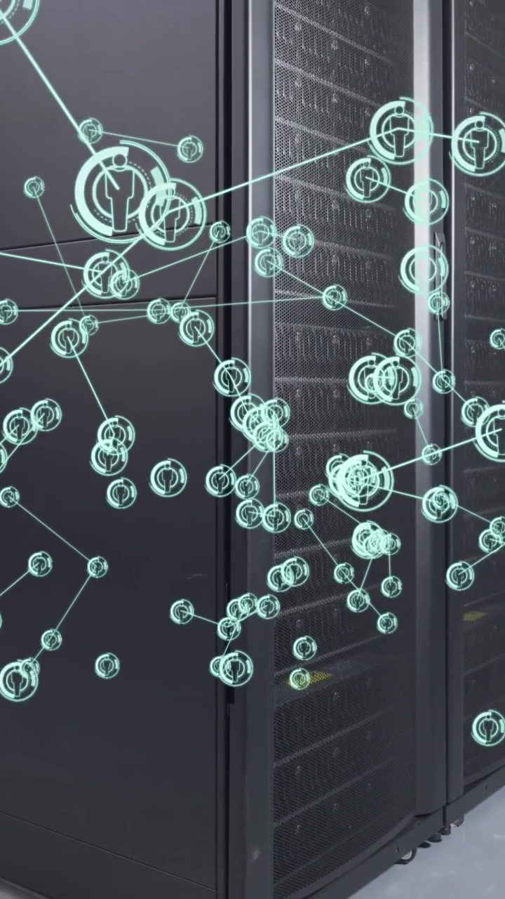 Animation of network of profile icons against computer server room