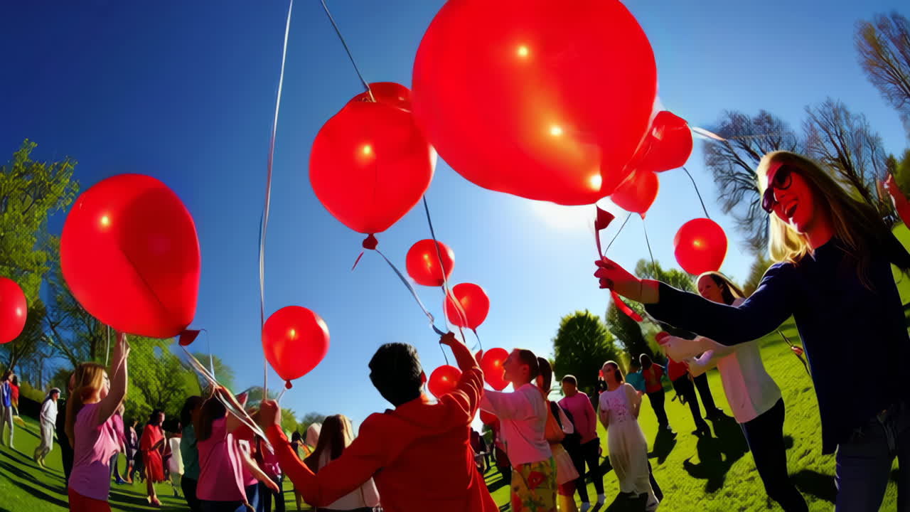 Large Group of People Holding Red Balloons in a Park