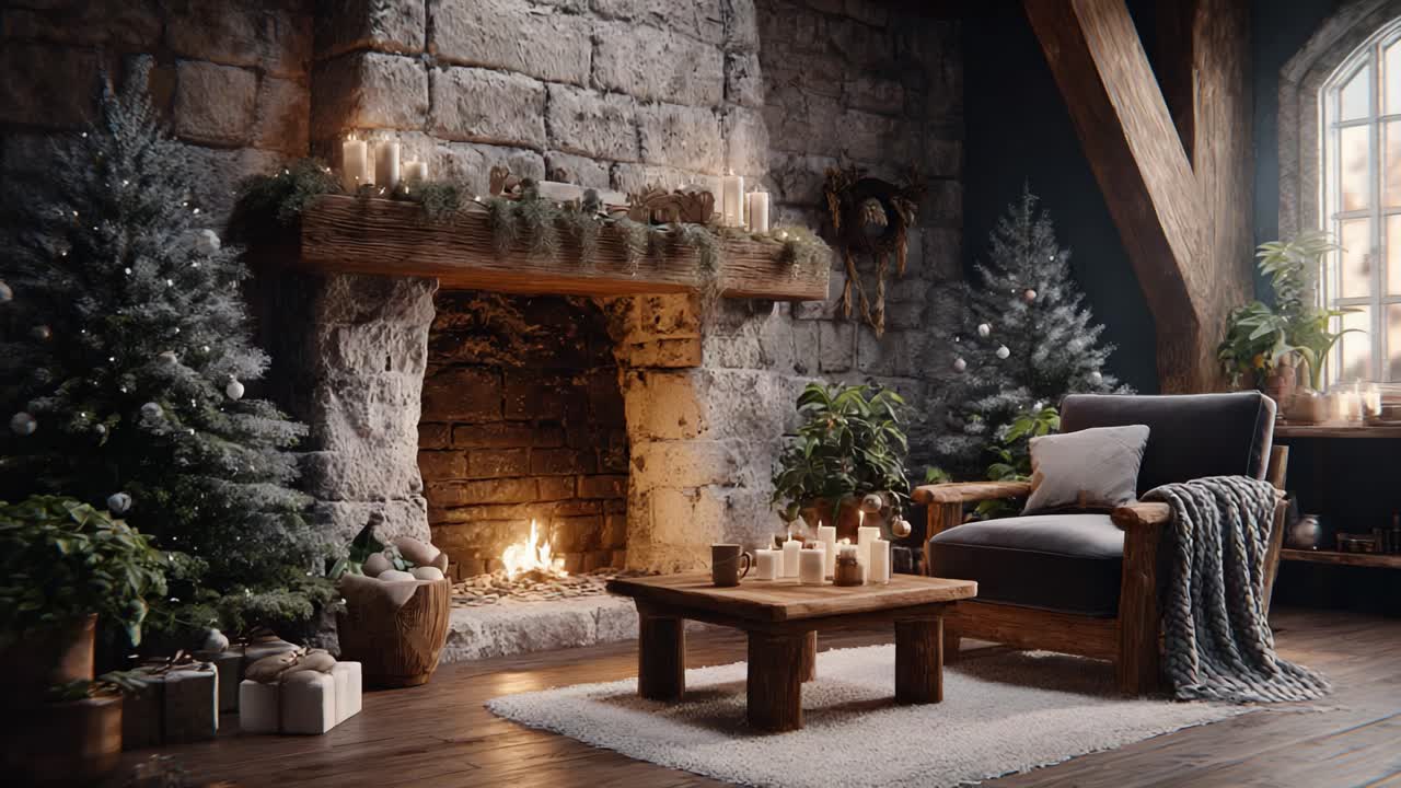 Cozy Winter Living Room Scene with a Stone Fireplace, Festively Adorned Christmas Trees, and Warm Candlelight Creating a Welcoming Holiday Atmosphere