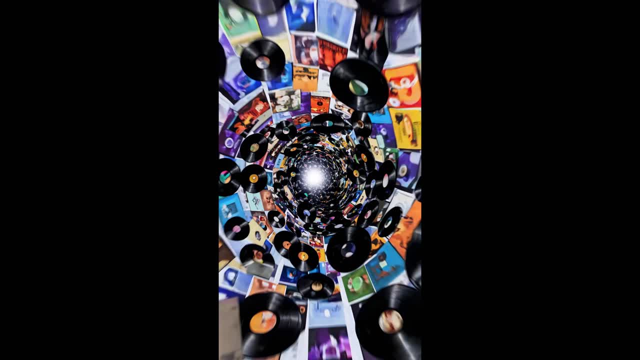 Spiraling motion sequence of vinyl records and album covers creating a dynamic visual vortex, showcasing the vibrant world of music and nostalgia