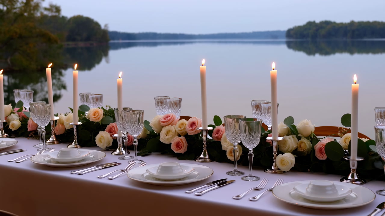 Lakeside Candlelit Tablescape At Sunset, Crystal Glassware And White Plates Arranged On Linendraped Table,