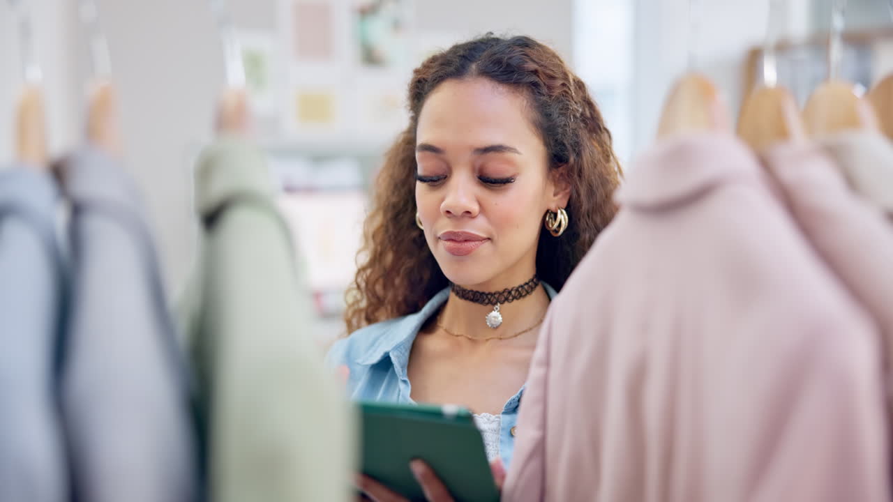 moda, comercio electrónico y mujer con una tableta