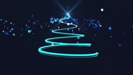 animation of the words merry christmas and christmas tree glowing stars on blue background