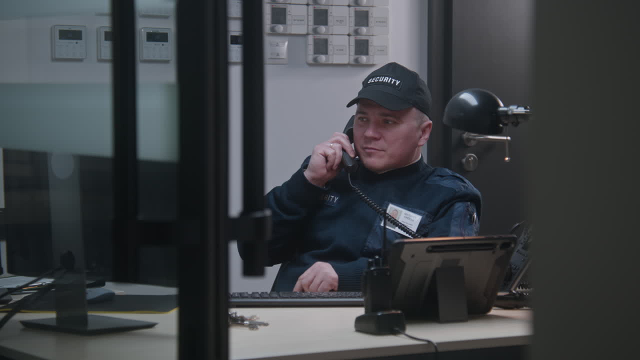 Security Guard on Duty Answering Phone Call in Control Room