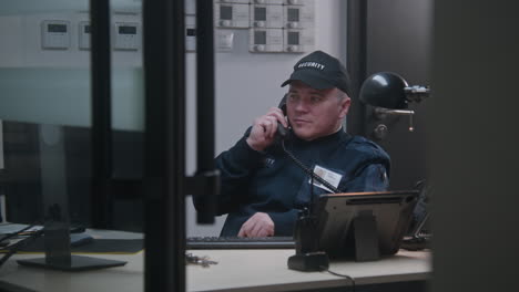 security guard on duty answering phone call in control room