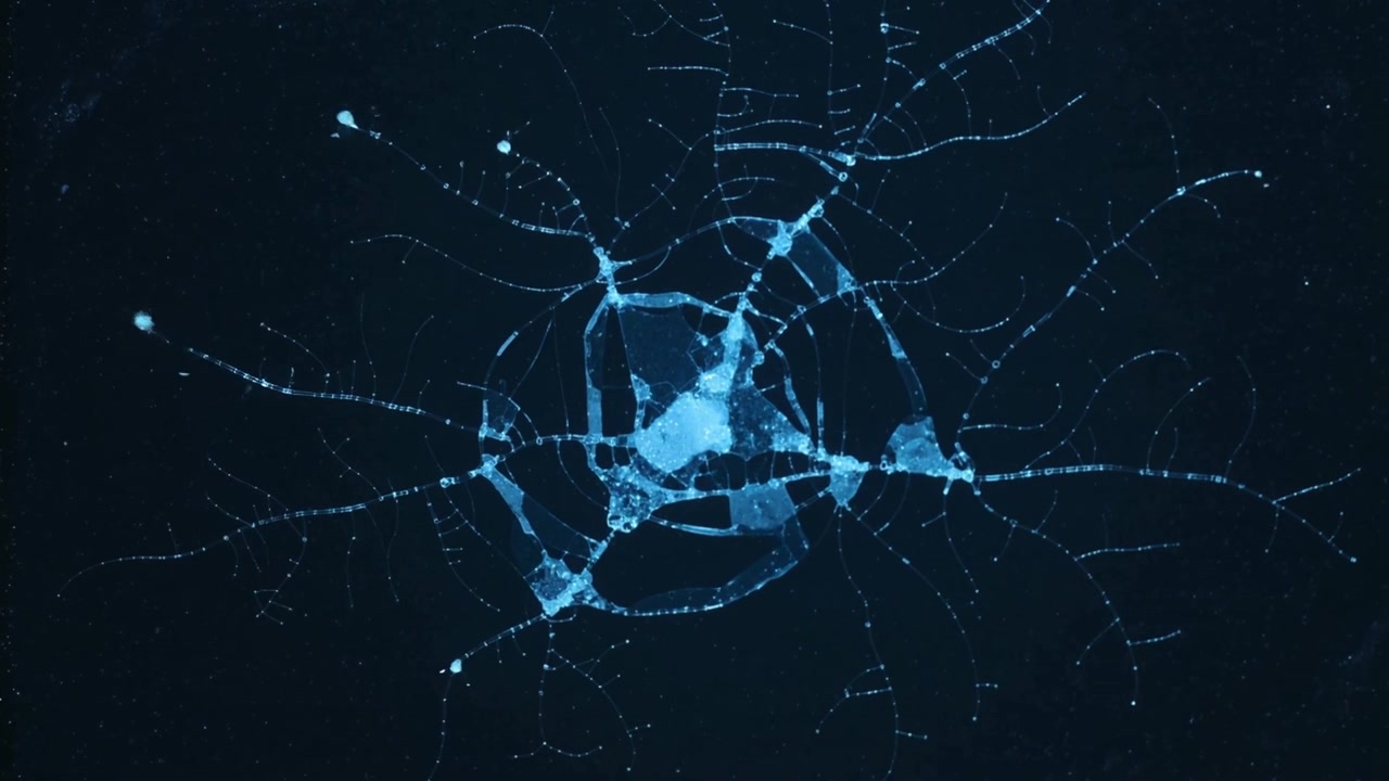 Pulsing bioluminescent jelly expanding and extending tentacles in deep ocean with glowing nodes