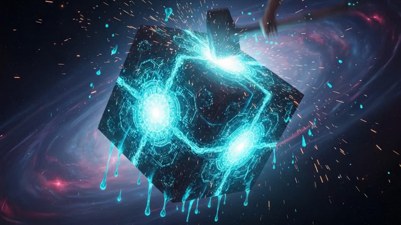 A Cosmic Odyssey: The Impact of a Hammer on a Glowing Cube Amidst Stardust and Celestial Swirls, Igniting a Spectacle of Light and Energy