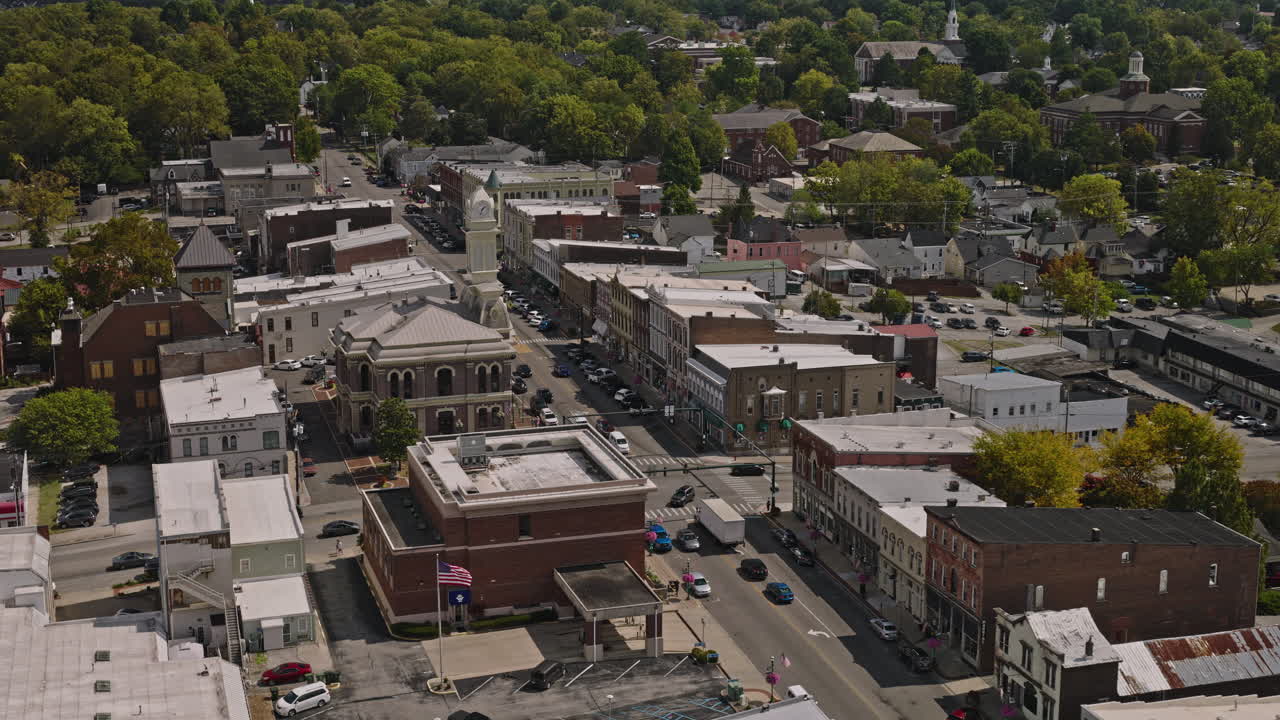 Georgetown Kentucky Aerial v3 low birds eye view flyover the town center capturing charming townscape, street traffics and views of residential neighborhood - Shot with Inspire 3 8k - Sept 21st 2023