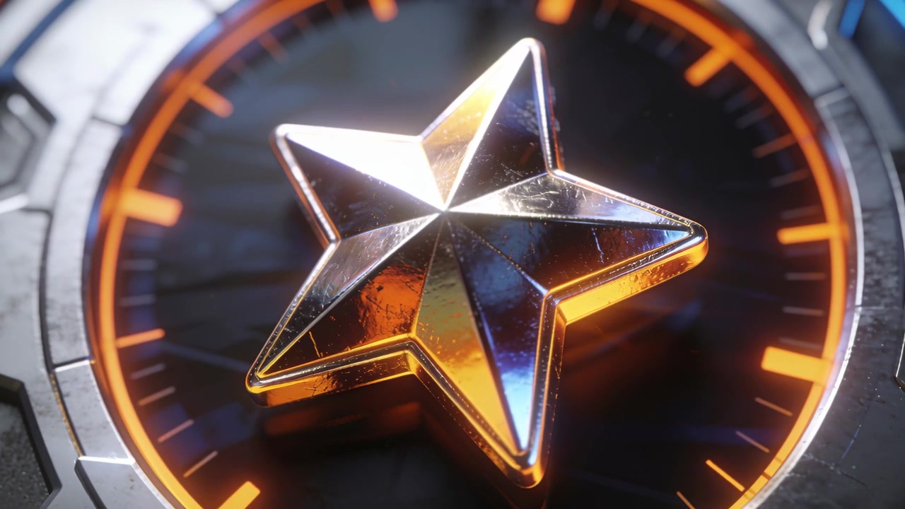 Luci che si spostano, emblema a stella metallica a cinque punte che ruota rivelando l'usura della superficie sul quadrante, bordo arancione
