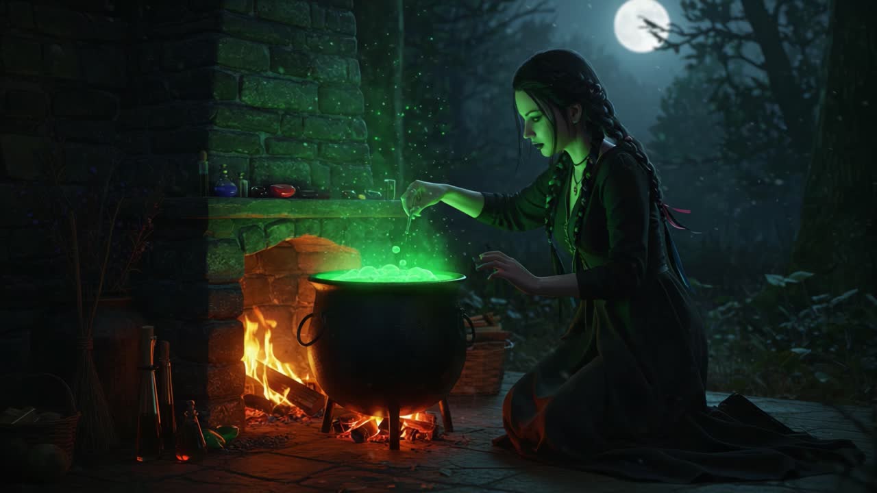 A witch brewing a magic potion at night