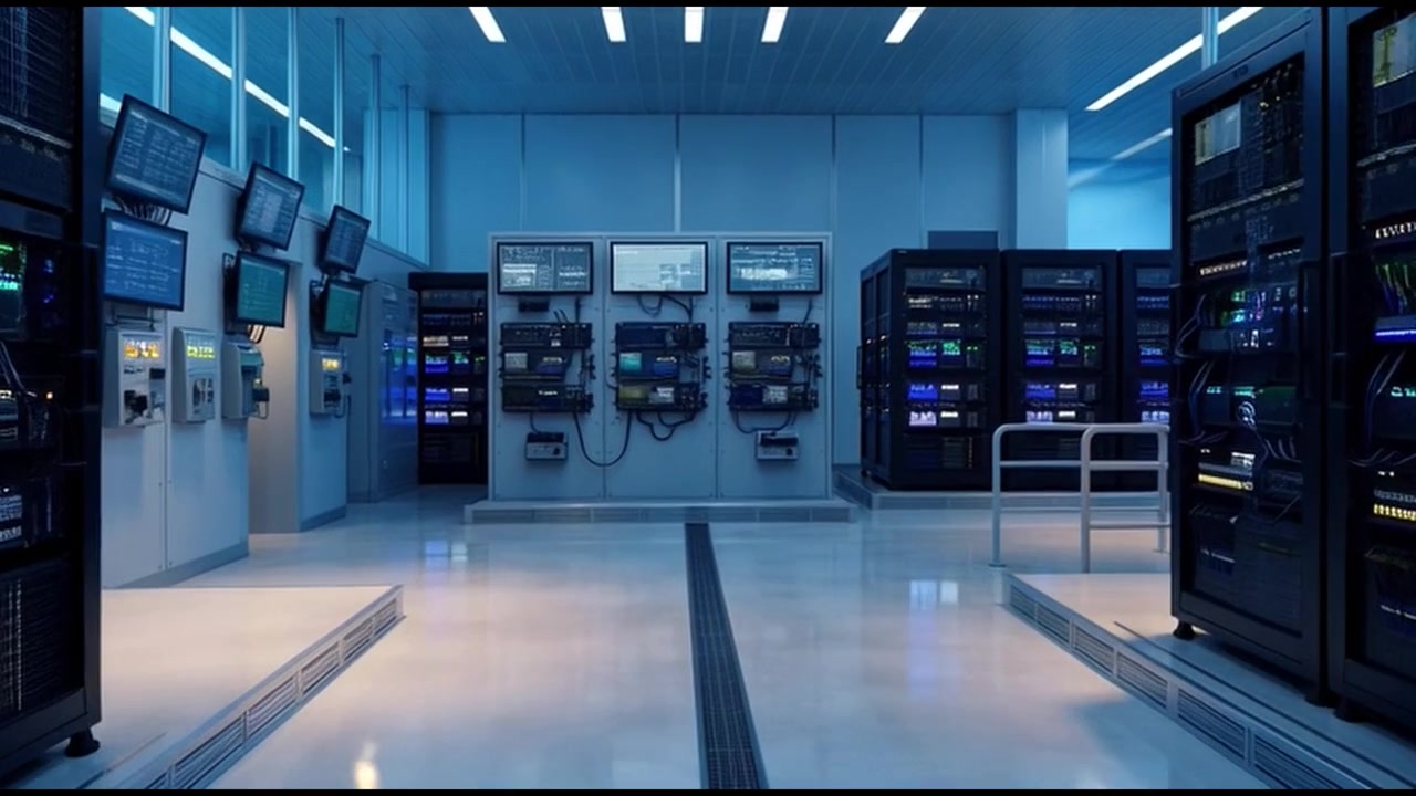 Modern Server Room with Rows of Computer Racks and Glowing Monitors