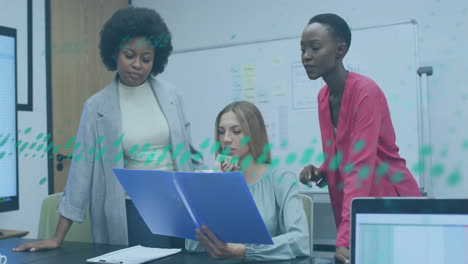 animation of financial data processing over diverse colleagues discussing work in office