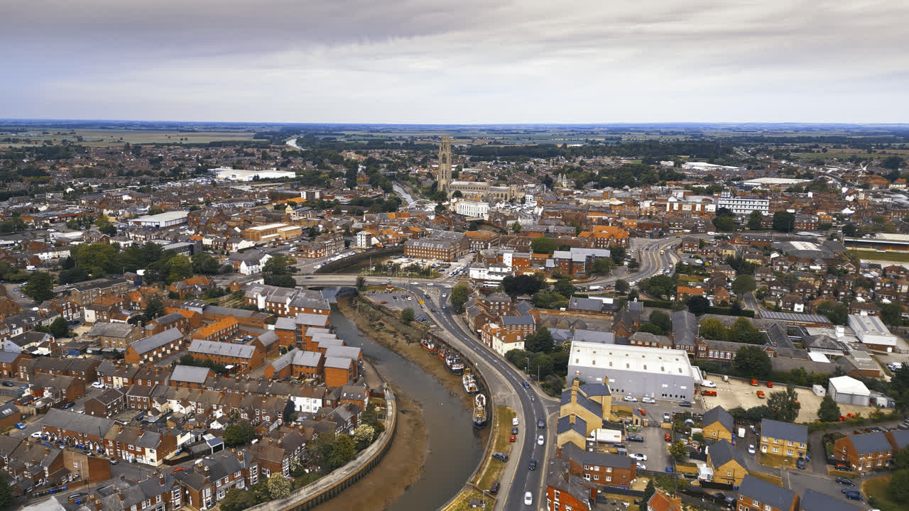 Breathtaking aerial drone footage displays Boston, Lincolnshire: Port, ships, Saint Botolph Church , Saint Botolph&rsquo;s Bridge