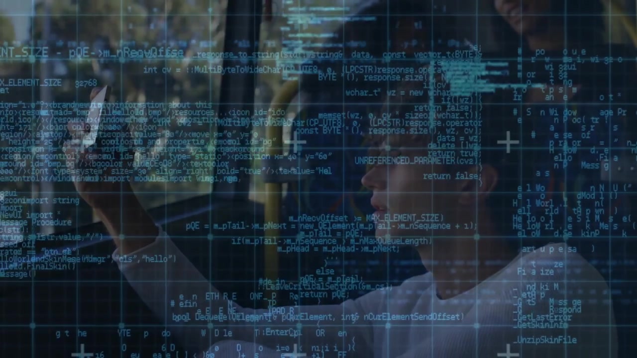 Teenage boy holding smartphone on bus window generating code overlay, man leaning in exploring tech