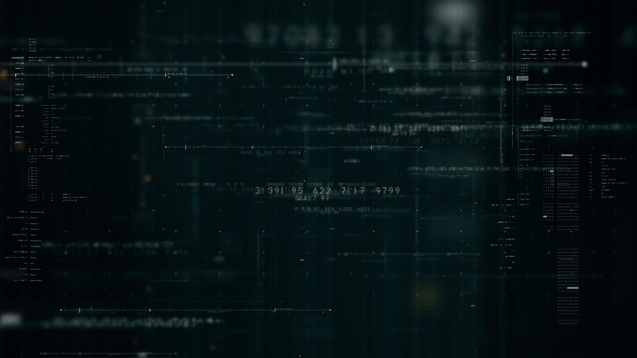 Futuristic data matrix, telemetry and encrypt numbers simulation display for head up display in cyber space abstract de-focus environment background