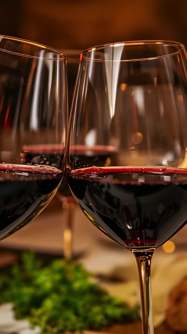 Video verticale: la camera si allontana da vicino, rivelando due calici di vino rosso su un tavolo con erbe aromatiche