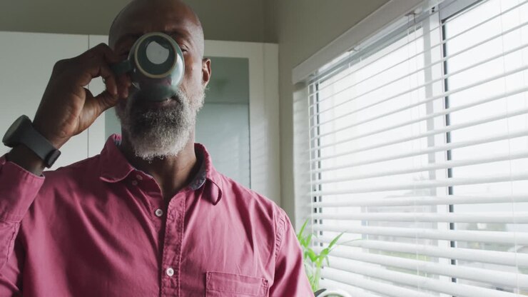 Video of thoughtful african american man drinking coffee in kitchen