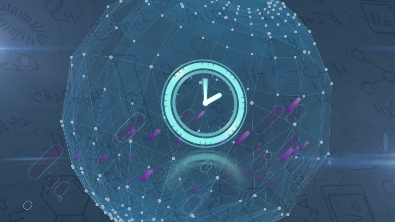 Animation of clock moving over purple shapes, connections and globe on navy background