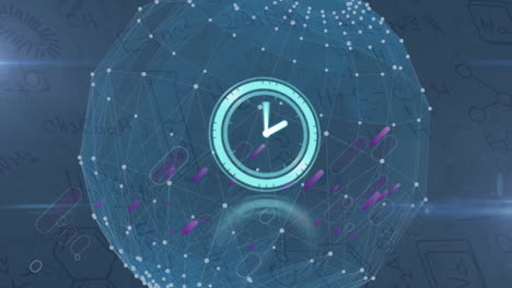 animación de reloj moviéndose sobre formas púrpuras, conexiones y globo en fondo marino