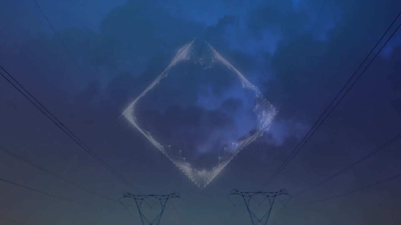 Animation of square over landscape with electricity pylons