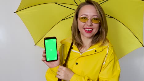 una chica con un impermeable amarillo y un paraguas muestra una pantalla verde al espectador. aislada sobre un fondo blanco